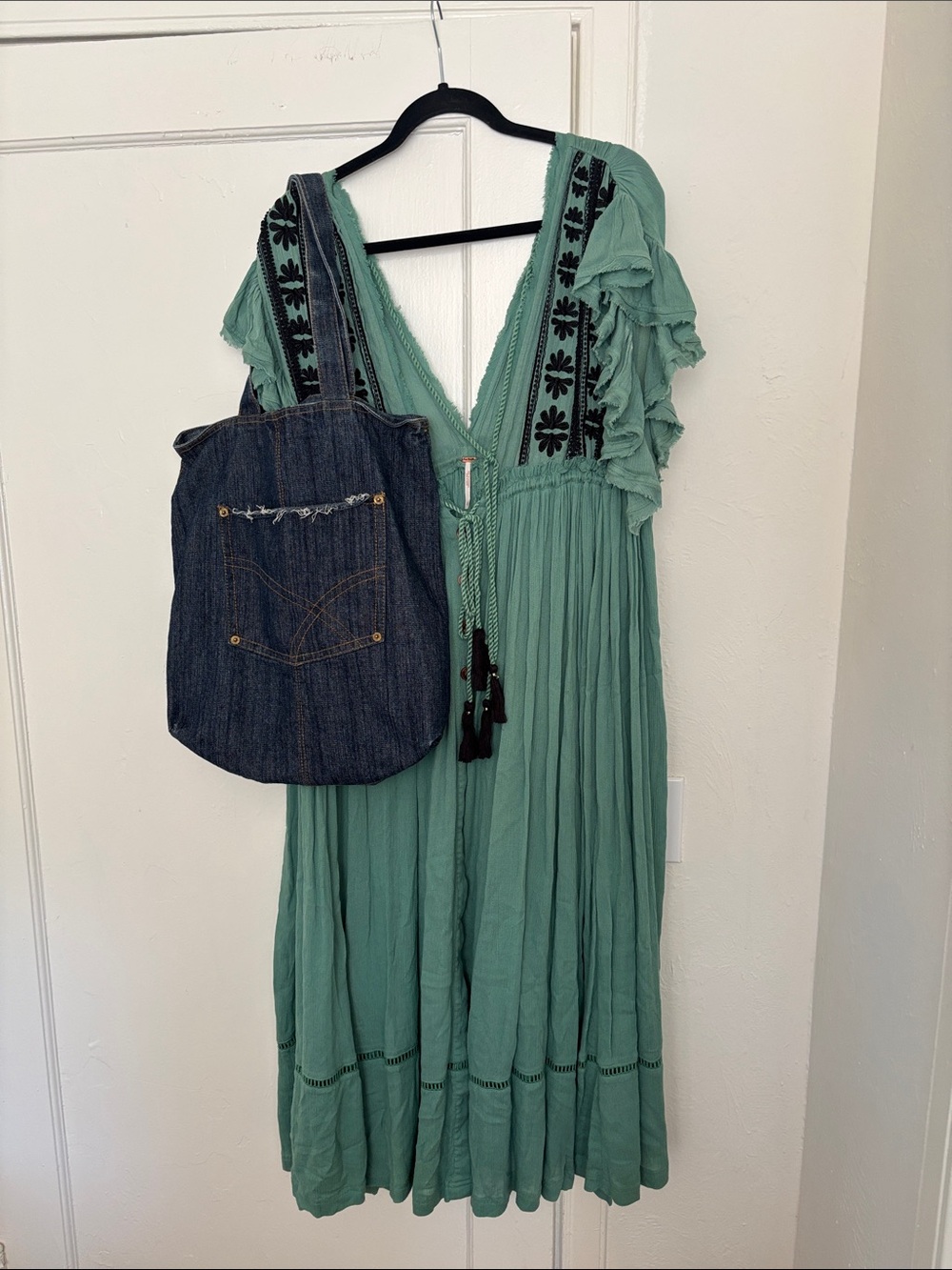 Boho Green Embroidered V-Neck Maxi Dress. Free People
